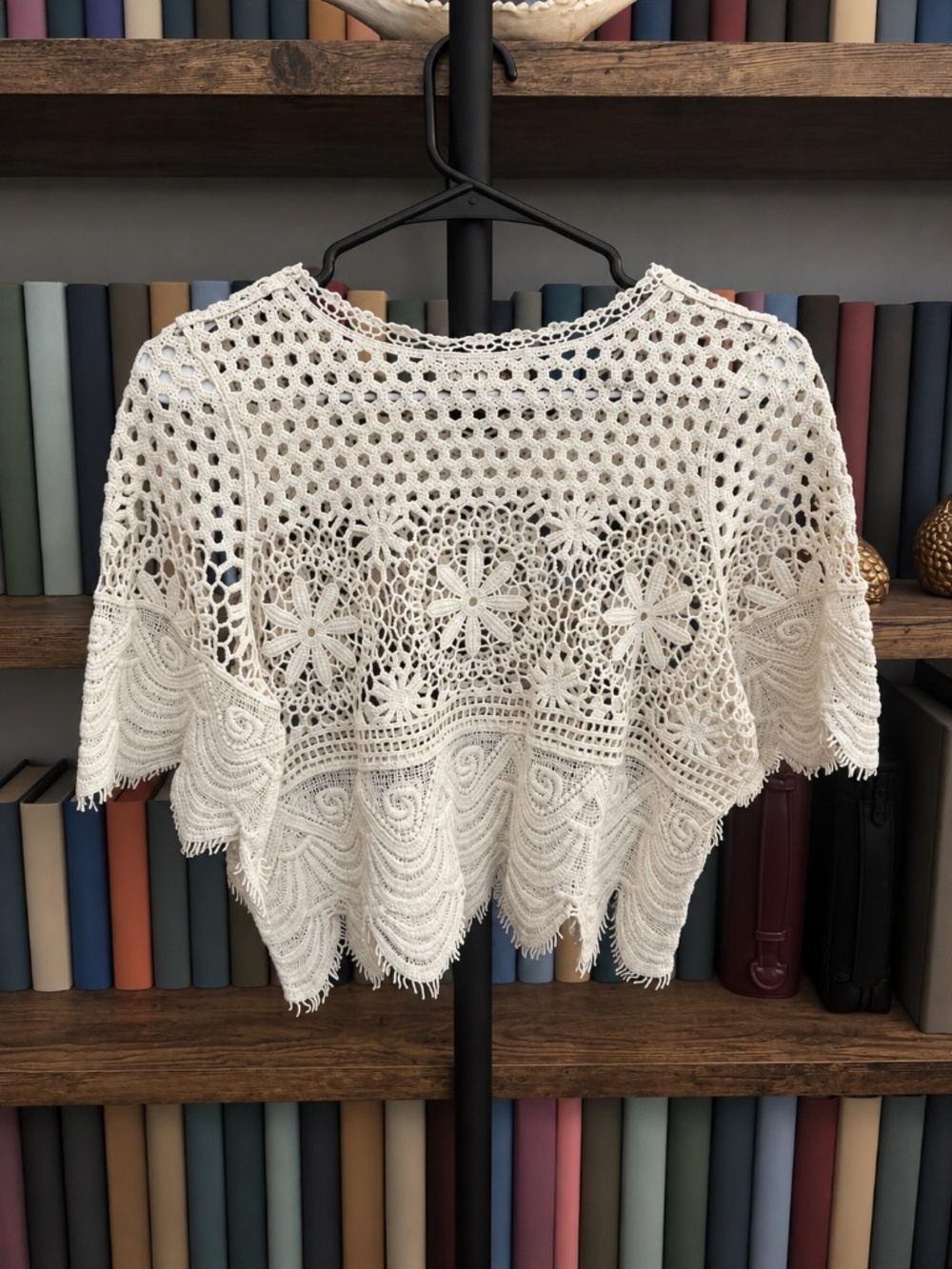 Rebellion Crochet Lace Boho Poncho Top | Ivory | Size M - Picture 2 of 5